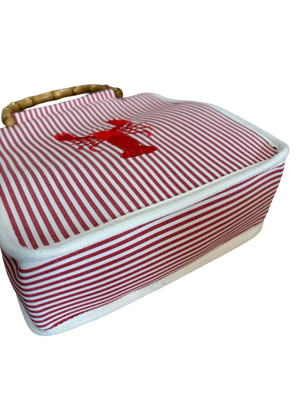 Tommy Bahama Red & White Striped Tote with Lobster Motif and Bamboo Handles - Picture 2 of 2